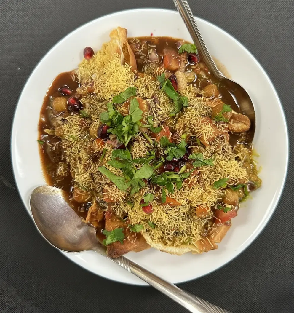 Samosa Chaat - crispy samosas with chutneys and yogurt at Flavours Of Indian Saskatoon